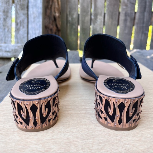 Rene Caovilla Satin Crystal & Wood Embellished Thong Sandal Heels Sz 37.5 Italy - Picture 4 of 16